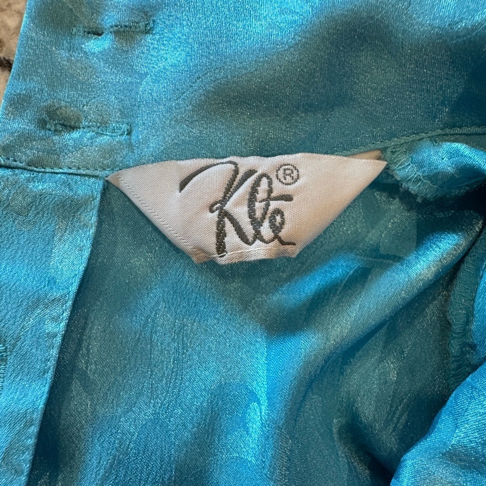 Vintage Teal Jacquard High Neck Satin Blouse Small - Picture 6 of 11
